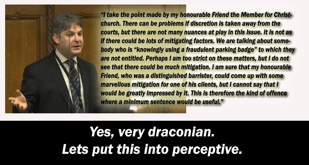 This is what he said “I take the point made by my honourable Friend the Member for Christchurch. There can be problems if discretion is taken away from the courts, but there are not many nuances at play in this issue. It is not as if there could be lots of mitigating factors. We are talking about somebody who is “knowingly using a fraudulent parking badge” to which they are not entitled. Perhaps I am too strict on these matters, but I do not see that there could be much mitigation. I am sure that my honourable Friend, who was a distinguished barrister, could come up with some marvellous mitigation for one of his clients, but I cannot say that I would be greatly impressed by it. This is therefore the kind of offence where a minimum sentence would be useful.”