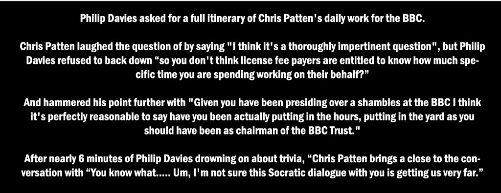 Philip Davies asked for a full itinerary of Chris Patten's daily work for the BBC.